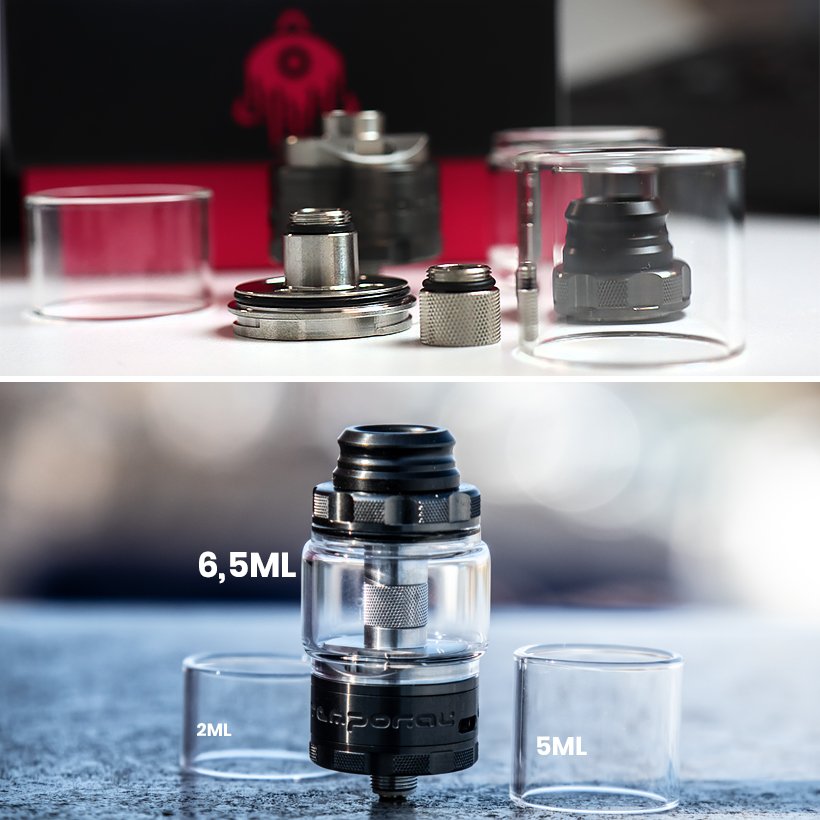Montage de l'Atemporal RTA par Damn Vape et The Mind Flayer 29 L'atomiseur Atemporal livré avec ses trois réservoirs de 2 à 6,5ml