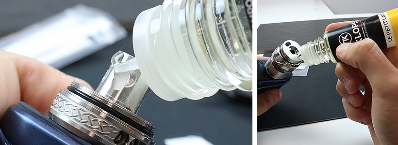 Test du Dead Rabbit R RTA par Hellvape 34 Remplissage du réservoir Dead Rabbit R Tank RTA avec le Pyrex 6,5ml
