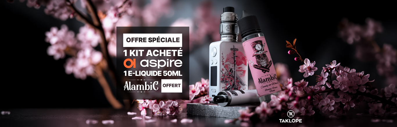 1 kit Aspire acheté = 1 e-liquide Alambic 50ml offert